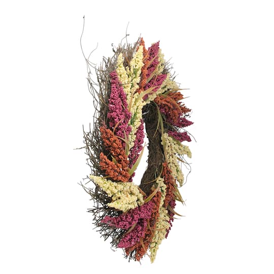 22" Pink & Orange Autumn Harvest Mixed Heather & Grapevine Wreath